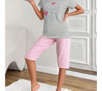 Set pigiama da donna in cotone con 2 pezzi, composto da camicia a maniche corte con stampa a contrasto di slogan e pantaloncini capri stampati L,M,S,XLGeometrico,LettereTessuto