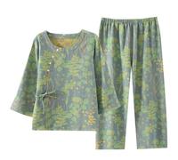 Set pigiama da donna in cotone di bambù, comodo top a kimono a girocollo e pantaloni corti, comodo e traspirante, 2 pezzi, alla moda in stile cinese, Verde, M
