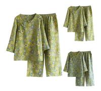 Set pigiama da donna in cotone, set da 2 pezzi, vestibilità larga, 2 pezzi, traspirante, confortevole, 2 pezzi, vintage, elegante, per primavera, autunno, estate, Giallo, M