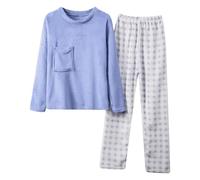 Set pigiama da donna in flanella con simpatica stampa cartoni animati, per una notte morbida, accogliente, per taglie forti, Celeste., M