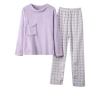 Set pigiama da donna in flanella con simpatica stampa cartoni animati, per una notte morbida, accogliente, per taglie forti, Lilla, XXL