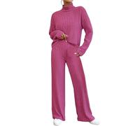 Set pigiama da donna, in maglia a costine, 2 pezzi, maglioni, maniche lunghe, collo ad anello e pantaloni a gamba dritta, per il tempo libero, tinta unita, morbido, abbigliamento per la casa