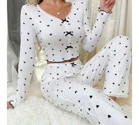 Set pigiama da donna in maglia a costine con motivo a cuore, scollo a V e pantaloni lunghi, adatto per l'autunno, tutti i giorni e per l'uso domestico (L nero)