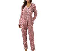 Set pigiama da donna, in misto cotone, a pois, a quadri, con bottoni, maglia a maniche lunghe, con risvolto e pantaloni a gamba larga, set pigiama autunnale, set casual per Natale e Halloween (A1 rosa
