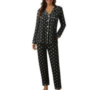 Set pigiama da donna, in misto cotone, a pois, a quadri, con bottoni, maglia a maniche lunghe con risvolto e pantaloni a gamba larga, set pigiama autunnale, set casual per Natale e Halloween (A1 nero