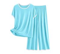 Set pigiama da donna in modal a maniche corte per donna blu cielo | Set pigiama sottile con scollo rotondo, comodo pigiama a due pezzi a maniche corte e pantaloni, abbigliamento da notte