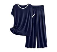 Set pigiama da donna in modal a maniche corte per donna, blu navy | Set pigiama sottile con scollo rotondo, comodo pigiama a due pezzi a maniche corte e pantaloni, abbigliamento da notte