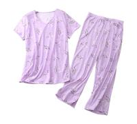 Set pigiama da donna in modal con pantaloni lunghi e maniche corte, set da salotto in 2 pezzi, pantaloni a 3/4 con stampa vintage, girocollo, vestibilità ampia, set da notte leggero elastico in vita