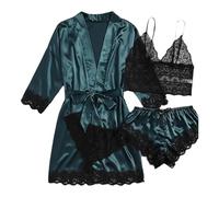 Set pigiama da donna in raso, camicia da notte da donna con finiture in pizzo - Set di indumenti da notte da donna 4 pezzi sexy,Accappatoio spa morbido, confortevole e traspirante per donne, ragazze p