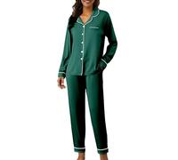 Set pigiama da donna in raso con colletto a risvolto | Pigiama lungo da donna, 2 pezzi, morbido e largo, per la casa, leggero, per l'autunno, 2 pezzi