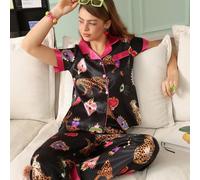 Set pigiama da donna in raso con stampa a contrasto di cuori vivaci, occhio di leopardo e colore unito, colletto a revers e apertura frontale, stile giovane e alla moda L,M,S,XLAnimale,GraficoRaso