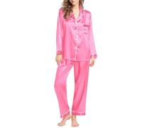 Set pigiama da donna in raso di seta, a maniche lunghe, con bottoni, due pezzi, comodi pantaloni a gamba larga, abbigliamento da notte e loungewear con tasca sul petto, Rosa acceso, L