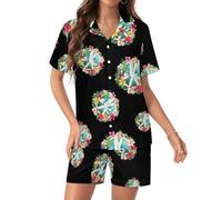 Set pigiama da donna in raso di seta con colomba e uccellino bianco con simbolo della pace, a maniche corte, abbottonatura, Stile:, L