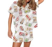 Set pigiama da donna in raso di seta Y2K, con stampa carina estiva a maniche corte con bottoni, 2 pezzi, set da notte preppy per viaggi e uso quotidiano, Stampa Bottiglia di Coca Cola, L