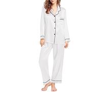 Set pigiama da donna in raso setoso camicia a maniche corte con pantaloni lunghi pigiama set morbido pigiama loungewear da donna seta come pigiama due indumenti da notte Set da notte, bianco, 5XL