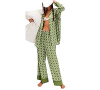 Set pigiama da donna in seta Y2k stampa floreale a maniche lunghe, pantaloni larghi, set lounge 2 pezzi, verde, L