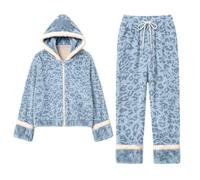 Set pigiama da donna, invernale, 2 pezzi, in pile, con cappuccio e | Pigiama da donna in pile, invernale, con stampa leopardata, abbigliamento casual, 2 pezzi, con cappuccio, per uscire