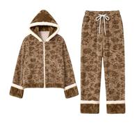Set pigiama da donna, invernale, 2 pezzi, in pile, con cappuccio e | Pigiama da donna in pile, invernale, con stampa leopardata, abbigliamento casual, 2 pezzi, con cappuccio, per uscire