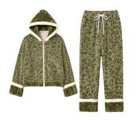 Set pigiama da donna, invernale, 2 pezzi, in pile, con cappuccio e | Pigiama da donna in pile, invernale, con stampa leopardata, abbigliamento casual, 2 pezzi, con cappuccio, per uscire