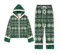 Set pigiama da donna, invernale, 2 pezzi, in pile, con cappuccio e | Pigiama invernale in pile con stampa natalizia, abbigliamento casual, 2 pezzi, con cappuccio, per uscire