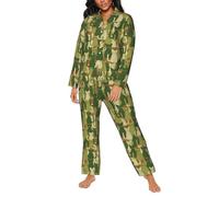 Set pigiama da donna, motivo gatto verde mimetico, biancheria da notte da donna, con tasche, Nero, M
