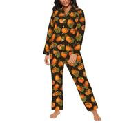 Set pigiama da donna, motivo zucca e foglie d'acero, biancheria da notte da donna, con tasche, Nero, M