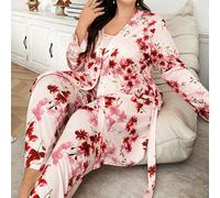 Set pigiama da donna taglie forti 3 pezzi: canotta in maglia con stampa floreale e pantaloni con accappatoio, abbigliamento, outfit comodo, autunno e inverno 0XL,1XL,2XL,3XL,4XLStampa CasualeTessuto i