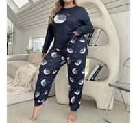 Set pigiama da donna taglie forti con stampa di luna e stelle, top a maniche lunghe e pantaloni, abbigliamento autunno inverno 1XL,2XL,3XL,4XLNataleTessuto in maglia