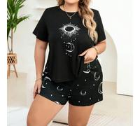 Set pigiama da donna taglie forti con stampa sole e luna, composto da top a maniche corte e pantaloncini 0XL,1XL,2XL,3XL,4XL,5XLGeometricoTessuto in maglia