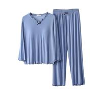 Set pigiama da donna, taglie forti, in cotone, con scollo rotondo, morbido, biancheria da notte in cotone, a maniche lunghe, set da 2 pezzi, abbigliamento per la casa (1, blu, L)