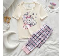Set pigiama da ragazza 2 pezzi aderente e confortevole con top a maniche corte e pantaloni lunghi, stampa con nuvole, luna, coniglietti e scritta "Good Night", colore rosa albicocca fresco 6Y,7Y,4Y,5Y