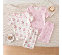 Set pigiama da ragazza con orsetto teddy e fiocco, maniche corte e pantaloncini, dolce e carino, abbigliamento estivo da casa per bambini con maniche corte e pantaloncini 8Y,9Y,10Y,11Y,12YPianteMaglia