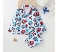 Set pigiama da ragazzo in 2 pezzi, stile casual classico e cool, minimalista, in tessuto morbido e delicato sulla pelle, in finta seta satinata, con stampa cartoni animati di eroi blu e rossi, top a m