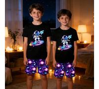 Set pigiama da ragazzo tween con stampa di astronauta e razzo che si illumina al buio, 2 pezzi - Pigiama aderente (richiede esposizione alla luce UV) 8Y,9Y,10Y,11Y,12YFumetto,GalassiaTessuto