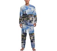 Set pigiama da uomo a maniche lunghe con scollo rotondo a maniche lunghe e 2 pezzi, motivo: città vecchia europea e porto del mare, Stile:, XL