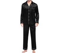 Set pigiama da uomo in raso, set pigiama da uomo, morbido, abbigliamento da notte a maniche lunghe, top e pantaloni in cotone da donna, abbigliamento da notte a maniche lunghe con bottoni, Nero , 5XL