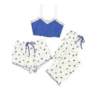 Set Pigiama Donna 3 Satin con Pizzo e Fiori Set Pigiama Donna(Blue XL)