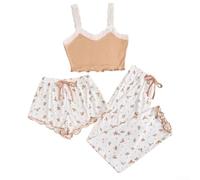 Set Pigiama Donna 3 Satin con Pizzo e Fiori Set Pigiama Donna(Khaki S)