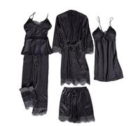 Set Pigiama Donna in con Pizzo e Floreale per Una Notte di Lusso e Comfort (Black, XXL)
