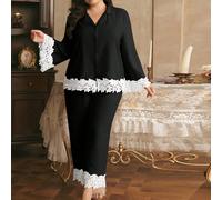 Set pigiama elegante con cardigan arricciato, taglie comode, stile della Francia meridionale 0XL,1XL,2XL,3XL,4XLPianteTessuto intrecciato