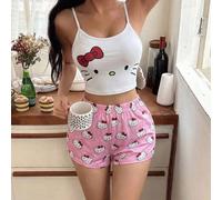 Set pigiama estivo 2026 nuovo Hello Kitty, donna, top corto aderente + pantaloncini rosa con stampa all-over 2 pezzi, in seta ghiacciata traspirante, adatto per uso esterno, stile Y2K baddie L,M,S,XLF