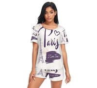 Set pigiama estivo da donna, con torre Eiffel e cuore, abbigliamento da notte, abbigliamento da notte con pantaloncini a tema Francia Parigi, per donne e ragazze, Multi, S