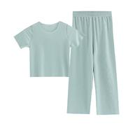 Set pigiama estivo per bambine, a maniche corte, con scollo rotondo e pantaloni larghi, abbigliamento estivo per bambini, casual, per la casa, delicato sulla pelle, traspirante, fresco, 2 pezzi (verde