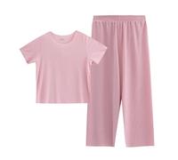 Set pigiama estivo per bambine, a maniche corte, con scollo rotondo e pantaloni larghi, abbigliamento estivo, casual, per la casa, delicato sulla pelle, traspirante, fresco (rosa, 4-5 anni)