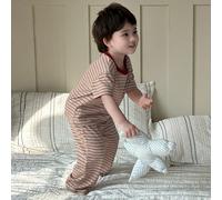 Set pigiama estivo per bambini maschi con maglietta a maniche lunghe a collo tondo a righe e pantaloni 9-12M,12-18M,18-24M,2-3YA strisceTessuto in maglia