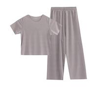 Set pigiama estivo per ragazze, a maniche corte, con scollo rotondo e pantaloni larghi, abbigliamento estivo per bambini, casual, per la casa, delicato sulla pelle, traspirante, fresco (cachi, 14-15