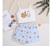 Set pigiama ignifugo in maglia a tema latte e biscotti per bambina, che include una canotta e un pantaloncino 6-9M,9-12M,12-18M,18-24M,2-3YAnimaleTessuto in maglia