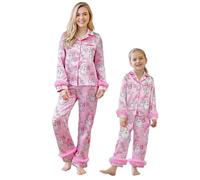 Set pigiama natalizio con scritta "Mommy and Me", con bordo in piuma, maniche lunghe, pantaloni con bottone, mamma e figlia, set da salotto per la famiglia, Rosa 10., 5 anni