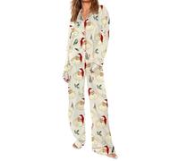 Set pigiama natalizio da donna in seta satinata, con camicia con bottoni e pantaloni a gamba larga, 2 pezzi, abiti natalizi morbidi e confortevoli, da donna, Beige, XXL