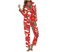 Set pigiama natalizio da donna, morbido al tatto, divertente, stampato, a maniche lunghe, per festival, carino, vacanze, camicia con bottoni, abbigliamento da notte con bella grafica, Rosso, S